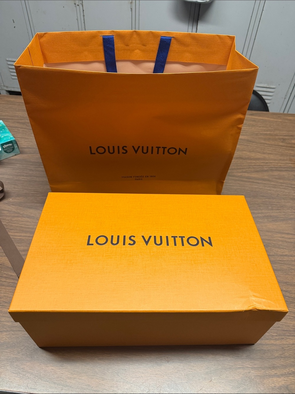 Louis Vuitton Orange Box and Navy-Handle Shopping Bag